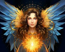 ein Illustration von ein Engel mit golden Flügel generativ ai foto