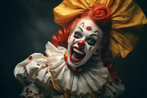 ein Bild von ein Clown mit rot Haar und ein groß Lächeln generativ ai foto
