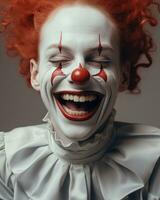 ein Bild von ein Clown mit rot Haar Lachen generativ ai foto