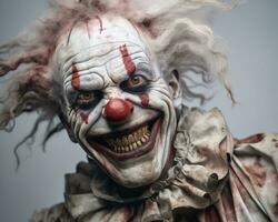 ein Bild von ein gruselig Clown mit rot Haar und Weiß Zähne generativ ai foto