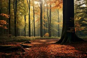 ein Bild von ein Herbst Wald mit Bäume und Blätter generativ ai foto