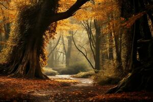 ein Bild von ein Herbst Wald mit Bäume und Blätter generativ ai foto