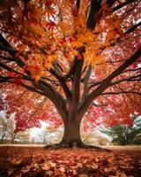 ein Bild von ein Herbst Baum mit rot Blätter generativ ai foto