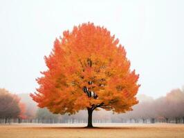 ein Orange Baum im das Mitte von ein nebelig Feld generativ ai foto