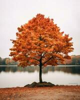 ein Orange Baum steht allein im Vorderseite von ein See generativ ai foto