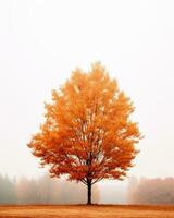 ein Orange Baum steht im das Mitte von ein nebelig Feld generativ ai foto