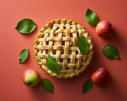 Apfel Kuchen mit Gitter und Blätter auf ein rot Hintergrund generativ ai foto