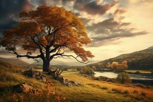 Herbst Landschaft mit ein Baum auf das Hang generativ ai foto