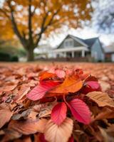 Herbst Blätter auf das Boden im Vorderseite von ein Haus generativ ai foto