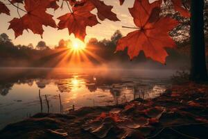 Herbst Blätter auf das Ufer von ein See beim Sonnenaufgang generativ ai foto