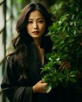 schön asiatisch Frau im schwarz Kleid halten Grün Pflanze generativ ai foto