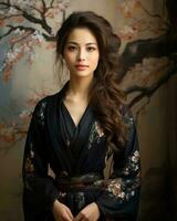 schön asiatisch Frau im schwarz Kimono Stehen im Vorderseite von ein Kirsche blühen Baum generativ ai foto