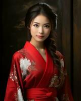 schön asiatisch Frau im rot Kimono generativ ai foto