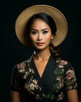 schön asiatisch Frau tragen ein Hut und Blumen- Kleid generativ ai foto