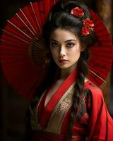 schön asiatisch Frau im traditionell Kimono mit rot Ventilator generativ ai foto