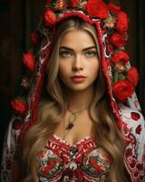 schön Mädchen im traditionell Russisch Kleid mit rot Blumen auf ihr Kopf generativ ai foto