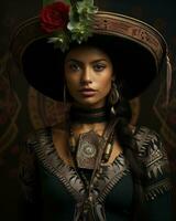 schön Mexikaner Frau tragen ein Mexikaner Hut generativ ai foto