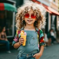lächelnd Mädchen mit Eis Sahne auf Straße foto