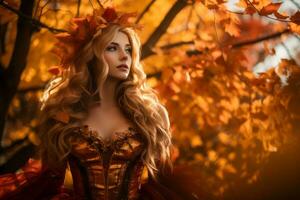 schön Frau im Herbst Kleid mit Blätter im ihr Haar generativ ai foto