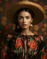 schön Frau im Mexikaner Kleid und Hut generativ ai foto