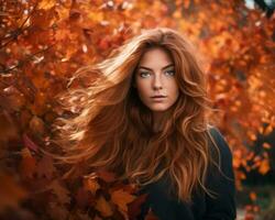 schön Frau mit rot Haar im Herbst Blätter generativ ai foto
