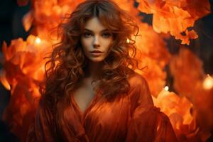 schön Frau mit rot Haar im Orange Kleid umgeben durch Orange Blumen generativ ai foto