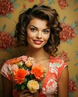 schön jung Frau mit Blumen im ihr Hand generativ ai foto
