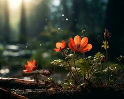 Blumen im das Wald mit das Sonne leuchtenden durch generativ ai foto