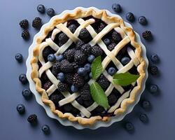 frisch Blaubeere Kuchen mit Gitter auf Blau Hintergrund generativ ai foto