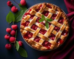 frisch Kirsche Kuchen mit Gitter auf ein dunkel Blau Hintergrund generativ ai foto