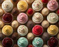 viele anders Typen von Cupcakes sind vereinbart worden im ein Muster generativ ai foto