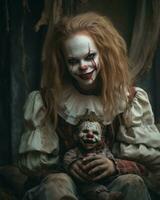 pennywise das Clown halten ein Baby Puppe generativ ai foto