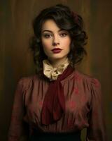 Porträt von ein schön Frau im ein Jahrgang Kleid und ein rot Bogen Krawatte generativ ai foto