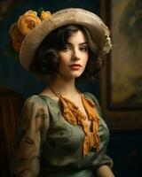Porträt von ein schön Frau im ein Jahrgang Hut generativ ai foto