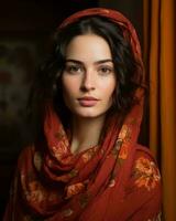 Porträt von ein schön Frau tragen ein rot Schal im Vorderseite von ein Orange Vorhang generativ ai foto