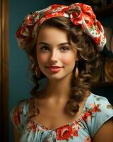 Porträt von ein schön jung Frau im ein Blumen- Kleid generativ ai foto