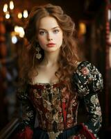 Porträt von ein schön jung Frau im Renaissance Kleid generativ ai foto