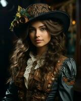 Porträt von ein schön jung Frau tragen ein Hut im ein dunkel Zimmer generativ ai foto