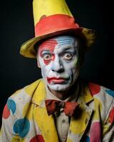 Porträt von ein Clown auf ein schwarz Hintergrund Lager Foto generativ ai