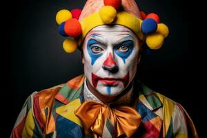 Porträt von ein Clown auf schwarz Hintergrund Lager Foto generativ ai