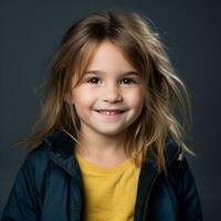 Porträt von ein wenig Mädchen mit lange Haar auf ein dunkel Hintergrund generativ ai foto