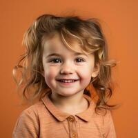 Porträt von ein süß wenig Mädchen mit lockig Haar auf ein Orange Hintergrund generativ ai foto