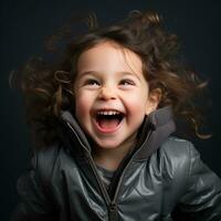 Porträt von ein wenig Mädchen Lachen auf ein schwarz Hintergrund generativ ai foto