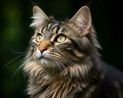 Porträt von ein Maine Waschbär Katze auf ein dunkel Hintergrund generativ ai foto