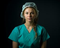 Porträt von ein jung weiblich Krankenschwester isoliert auf schwarz Hintergrund generativ ai foto