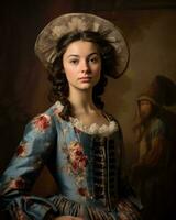 Porträt von ein jung Frau im ein Blau Kleid und Hut generativ ai foto