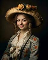 Porträt von ein jung Frau tragen ein Hut generativ ai foto