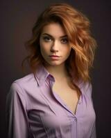 Porträt von schön jung Frau mit rot Haar auf lila Hintergrund generativ ai foto