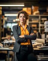 Porträt von Geschäftsfrau Stehen im Büro mit Waffen gekreuzt generativ ai foto