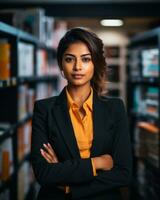 Porträt von jung indisch Geschäftsfrau Stehen im Bibliothek Lager Foto generativ ai